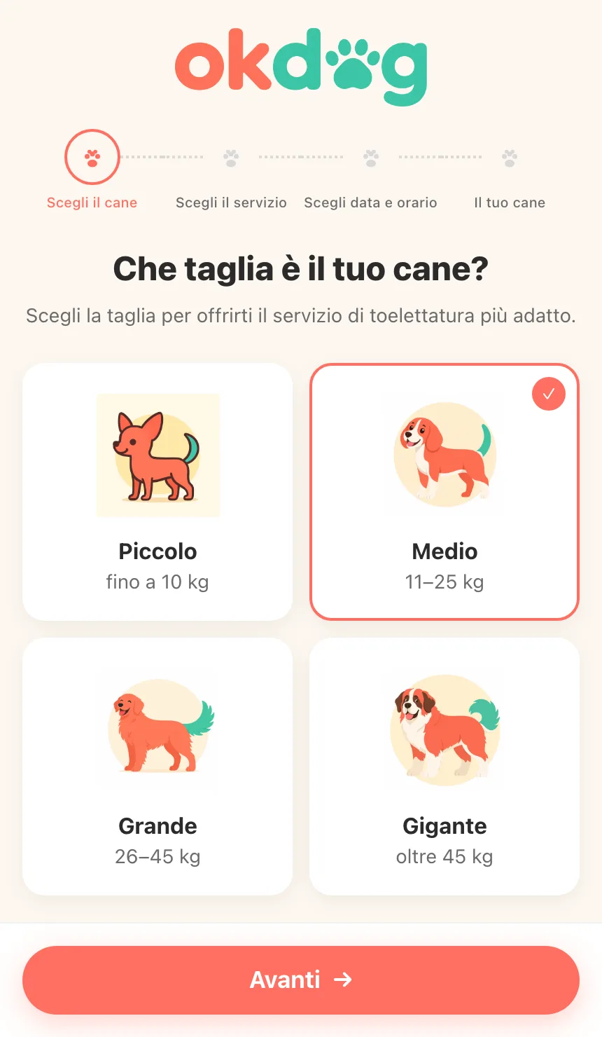 Schermata mobile: scelta della taglia del pet